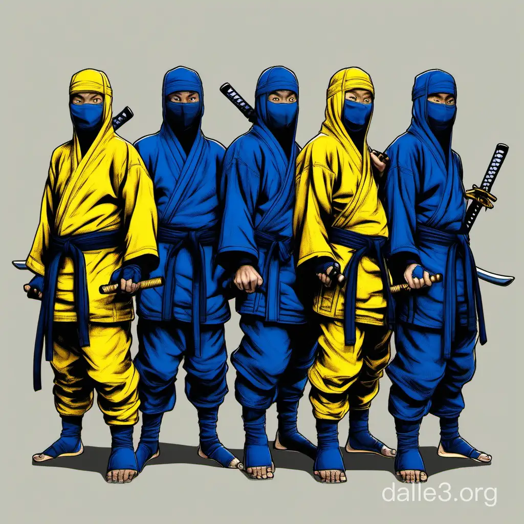 Five ninjas in yellow and blue colored clothing