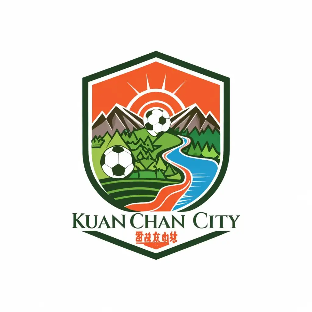 a logo design,with the text "Kuan Chan city ", main symbol:Make a logo image about Green Mountain, White River, Football, Kuan Chan city in the logo.,Moderate,clear background