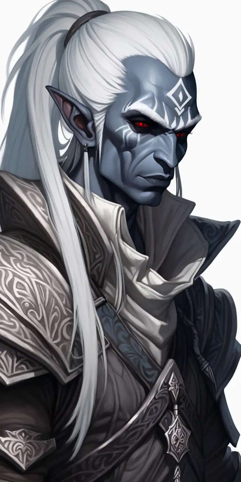 A drow man rogue with white ponytail