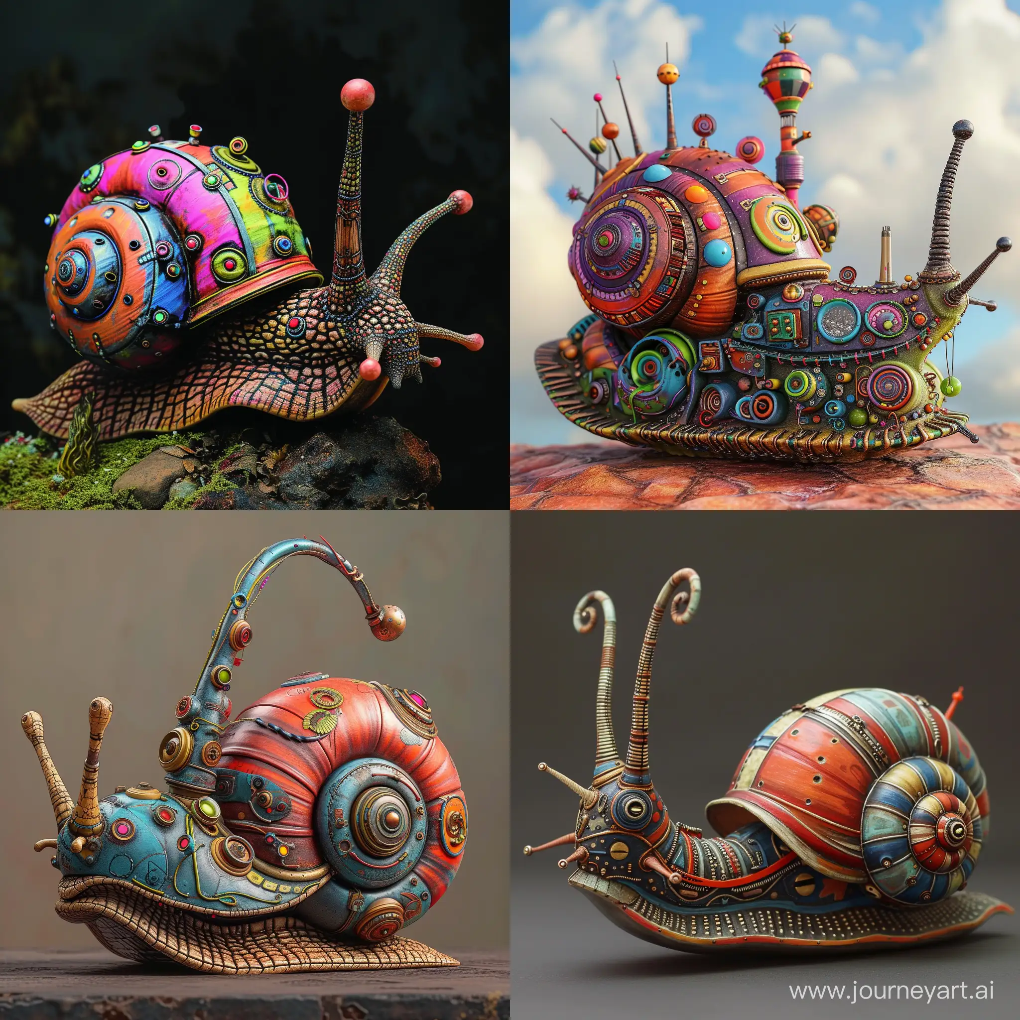 a mechanical snail, colorful, whimsical