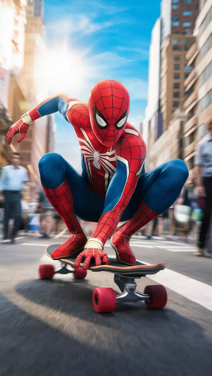 Spiderman skateboarding in the city. Daytime 