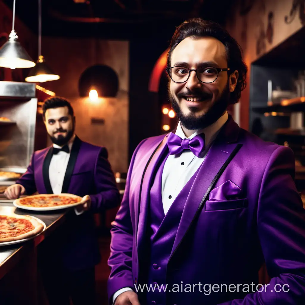 a strange adult man in a purple tuxedo looks into the lens, smiles eerily, he is in a dark corner of the pizzeria, his adequate friend with a beard and glasses is standing next to him