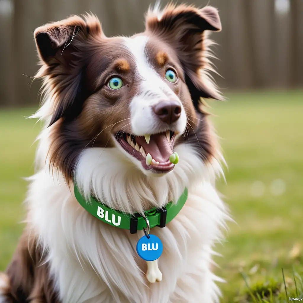 a cute bordie collie dog. brown and white with a blue eye and a green eye and a big brown and white bushy tail. to look like a crypto meme dog with a collar with a bone and his name blu on it