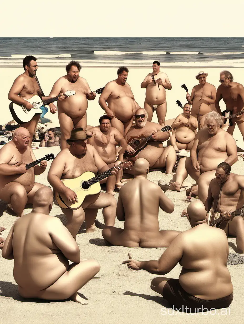 nudist beach. male. men of different ages and with different body compositions. both fat and thin. there are a lot of men and they are all in full height. sitting, standing, lying down, without clothes, playing the guitar and singing