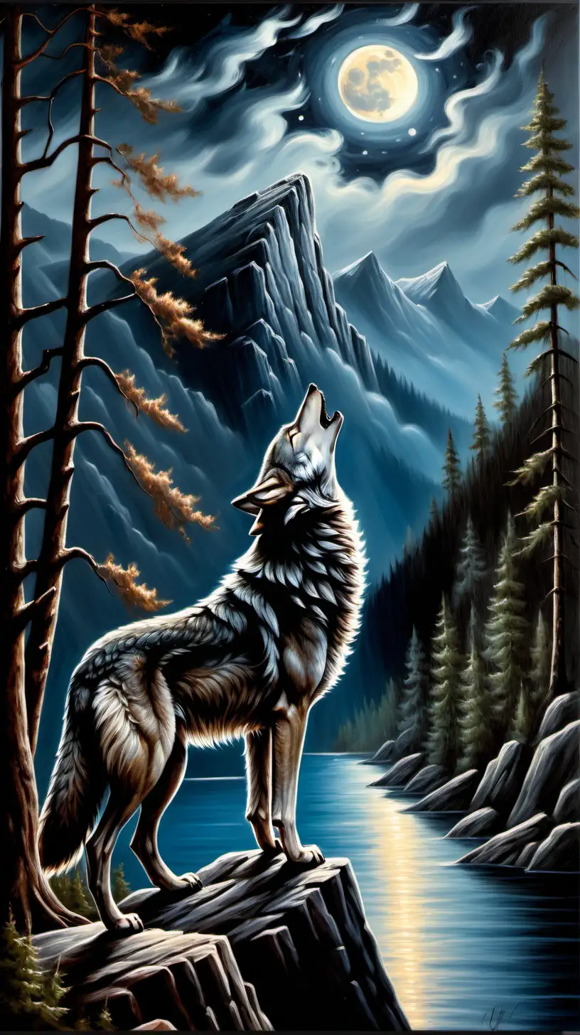  oil painting, wolf howling on cliff, moonlight, forest,  lake and mountains in background