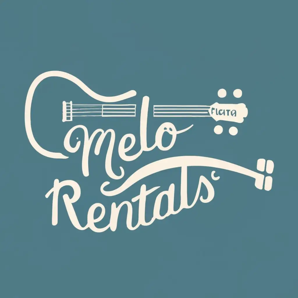 a guitar, a piano, and a musical key., with the text "Melo Rentals", typography, be used in Nonprofit industry