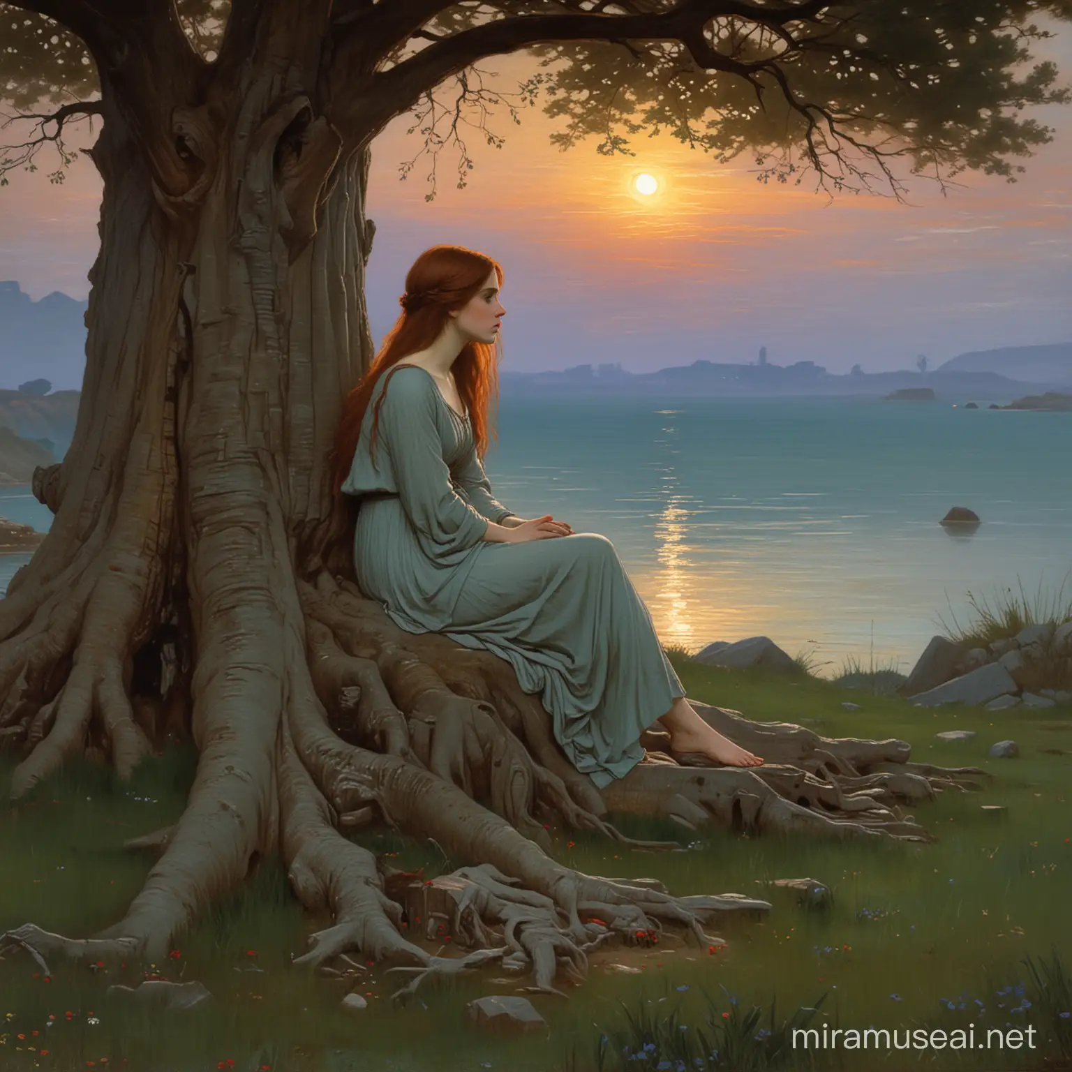 muse sitting by a large tree looking forward. with long auburn hair at twilight.. {John William Waterhouse}