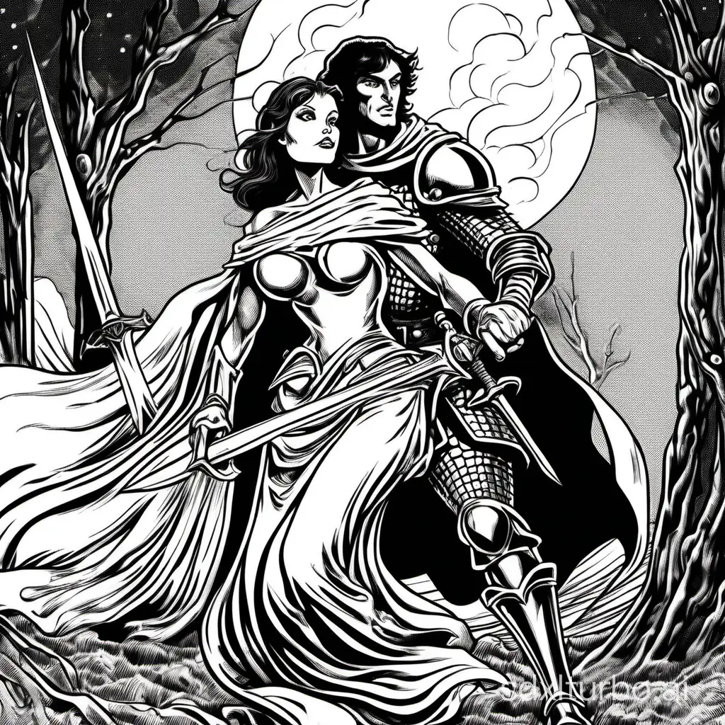 comic line art, a pretty maiden seducing a knight, stormy night, exaggerated expression, half body, vintage black and white ink, 2bit vector, high contrast, heavy lines, loose thick lines, exaggerated visible crosshatching, black frame, lowres, abstract, very low detail, very simple and subdued background, fantasy, style of classic AD&D, by Jeff Dee, by Erol Otus, by Larry Elmore, by Jeff Easley,