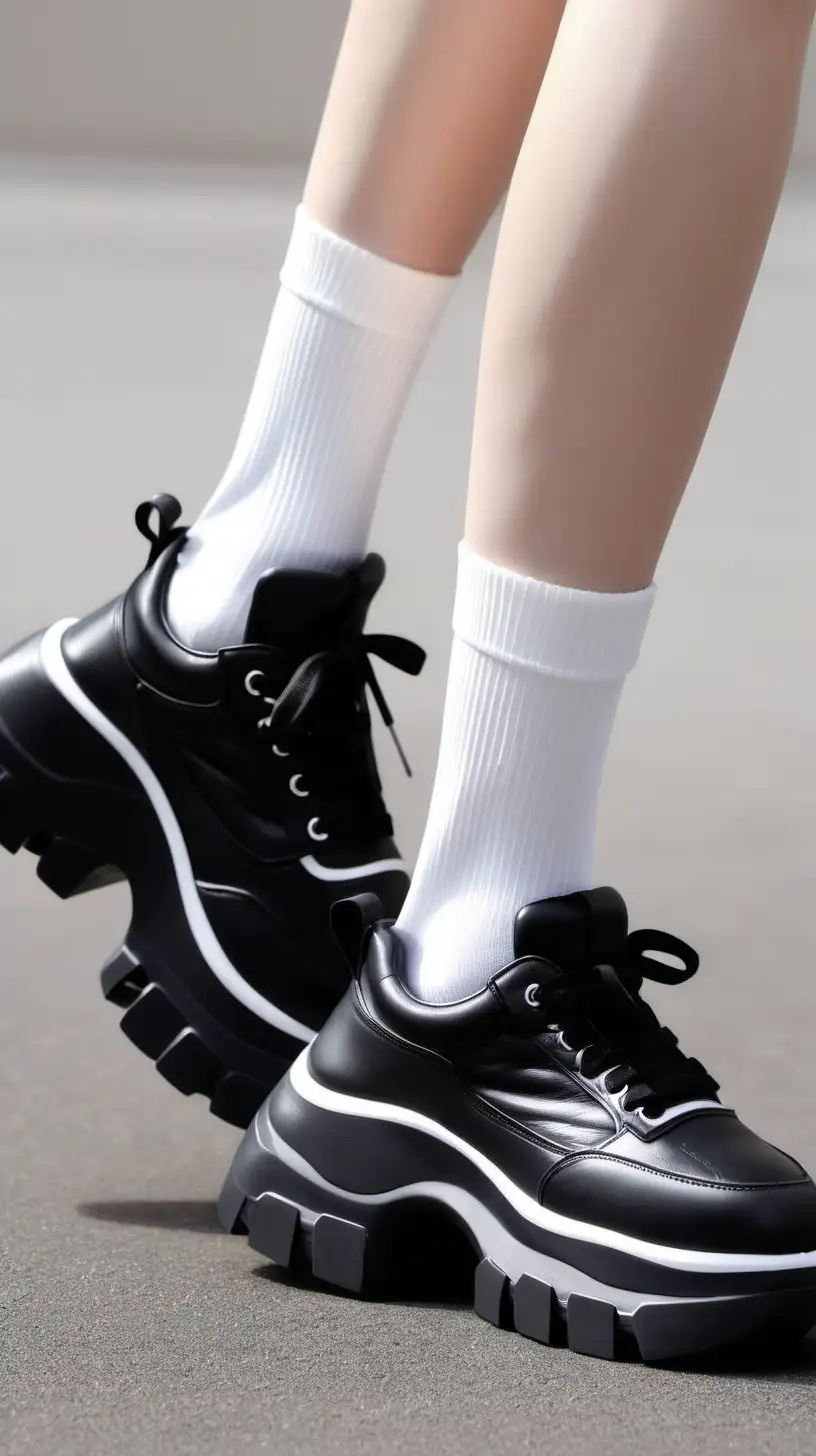 Close up, girl wearing, black chunky platform sneakers, short white socks white short
