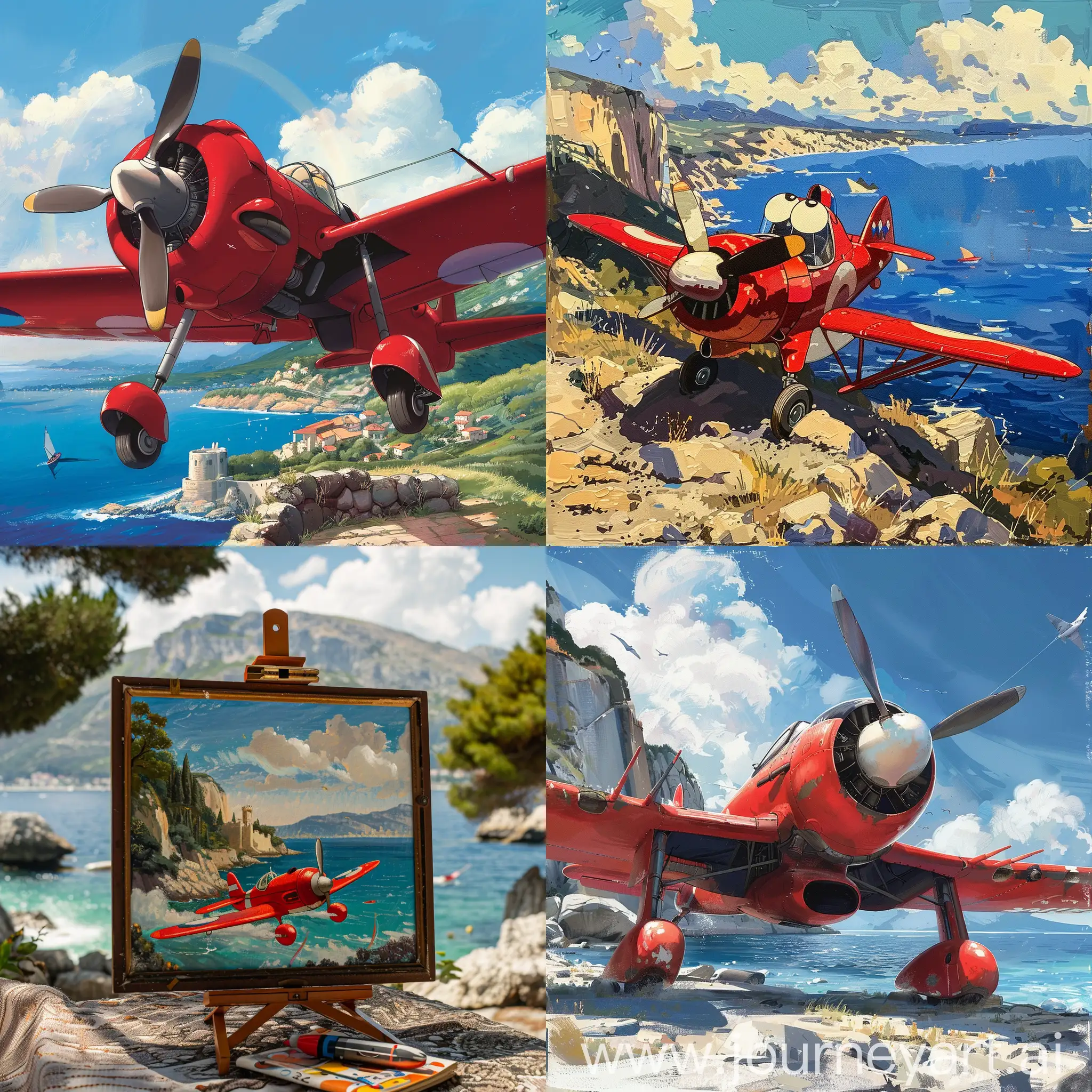 portrait of porco rosso from studio ghibli, background adriatic sea and his red airplane