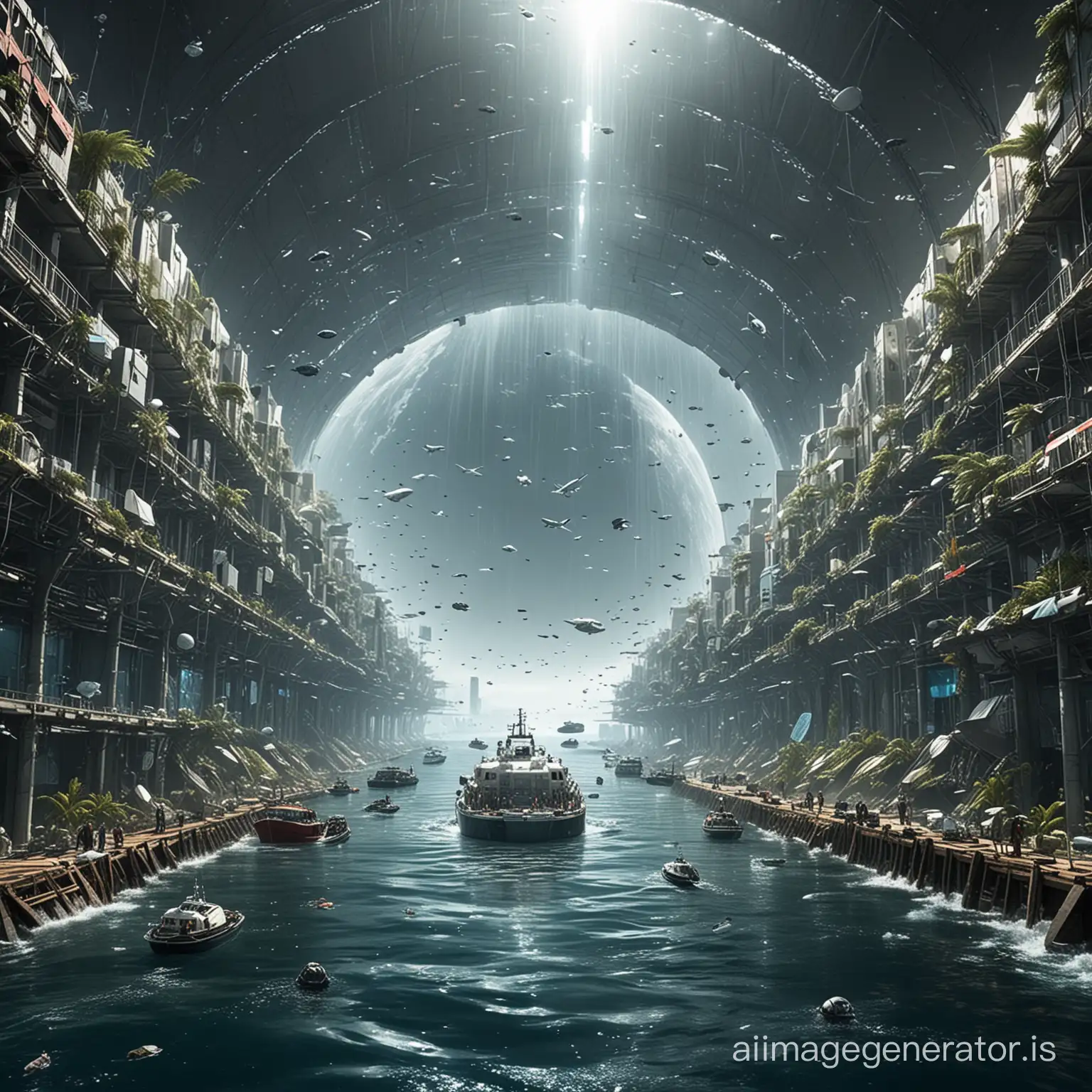 Create a city on the and in the water connected through glass tunnels and the city is built using spacecraft, incorporating garbage from the Great Pacific Garbage Patch. Prioritize realism and livability, avoiding vertical structures. Plan horizontally both in and out of the water, with a circular layout. Emphasize the use of spaceships in the design.