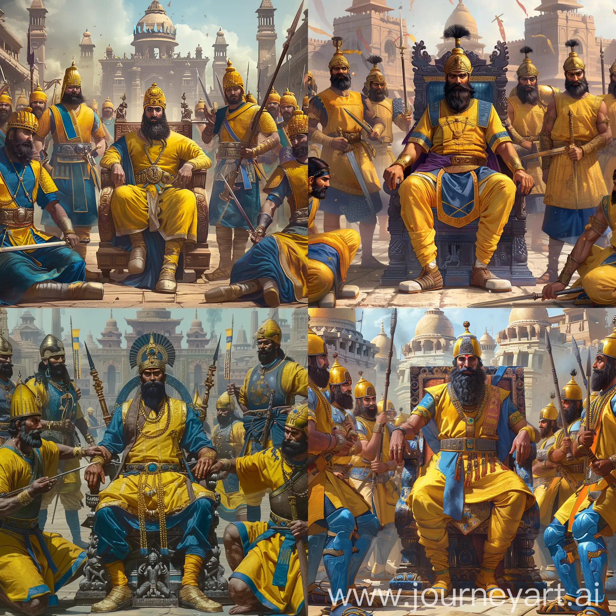 a middle-aged ancient Tocharians Kushan emperor is sitting on his imperial throne in the middle, he has black Indian style beard and yellow-blue Tocharians Kushan imperial costume,

other ancient Tocharians Kushan warriors are in yellow and blue color armor, they hold iron swords or spears in hands, they have Tocharians Kushan helmet and black beard, they stand around the emperor, with slippers on foot,

they are all before an ancient Indian Kushan palace, other Indian Kushan temples as background,