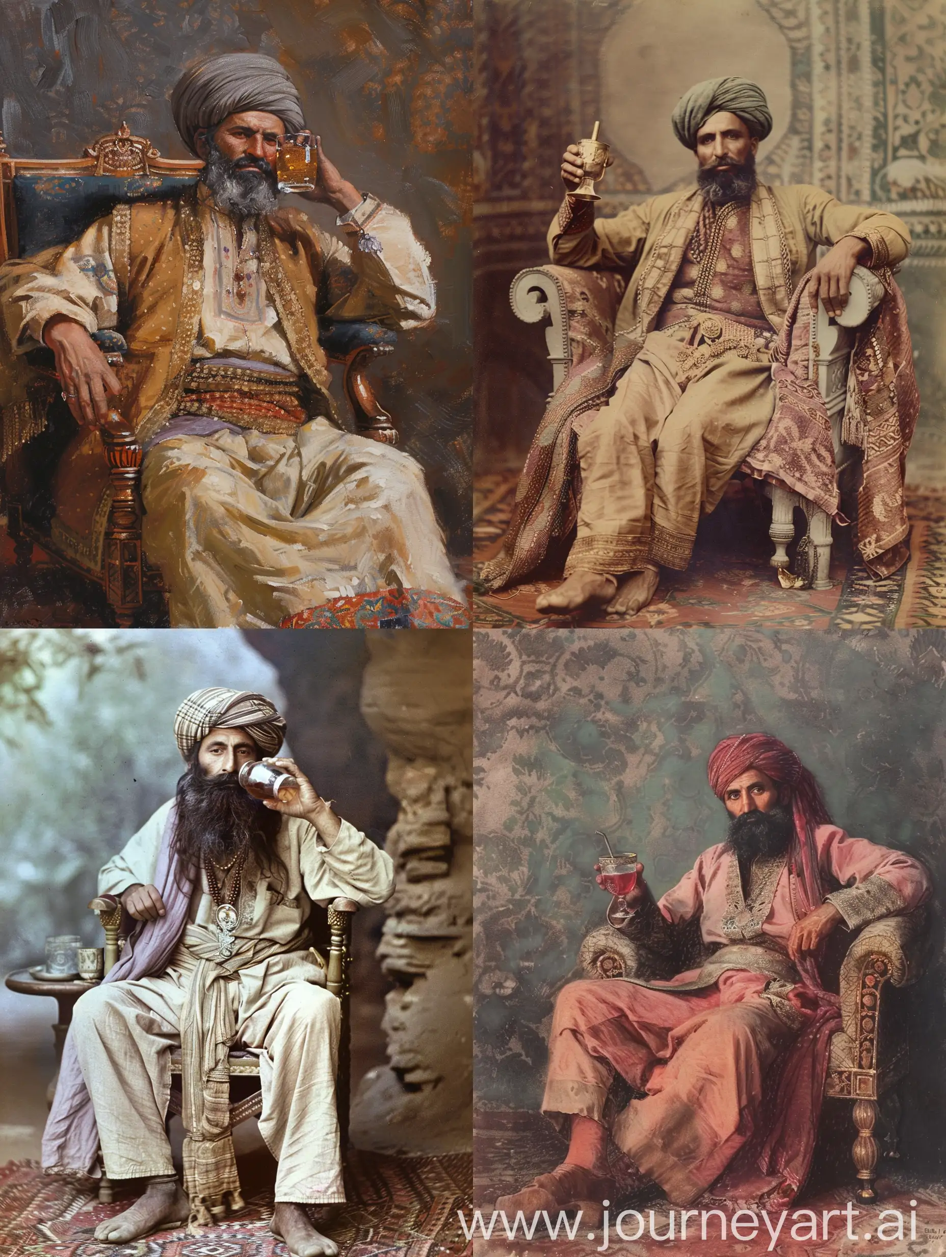 Emir abdur rahman khan "king" of barakzai dynasty sitting on chair drinking thea