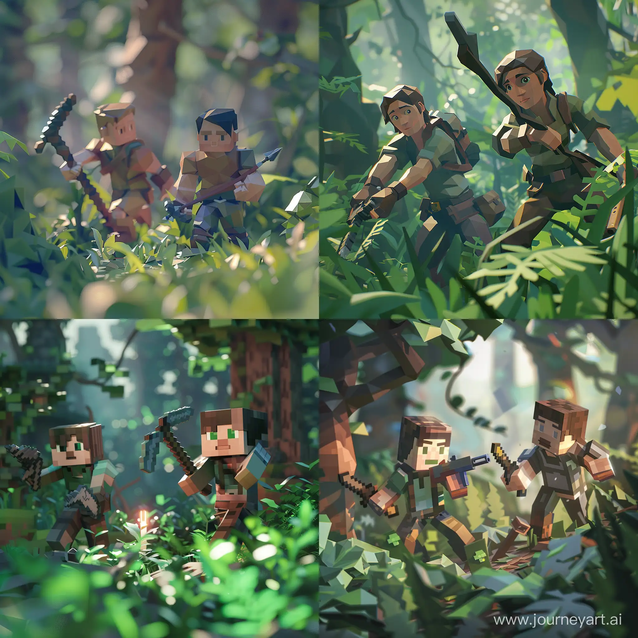 survival, low poly, polygon, 2d, art, realistic, movie lighting, ultra-realistic, very beautiful, clear, two characters with a weapon and a pickaxe, in the forest, foreground