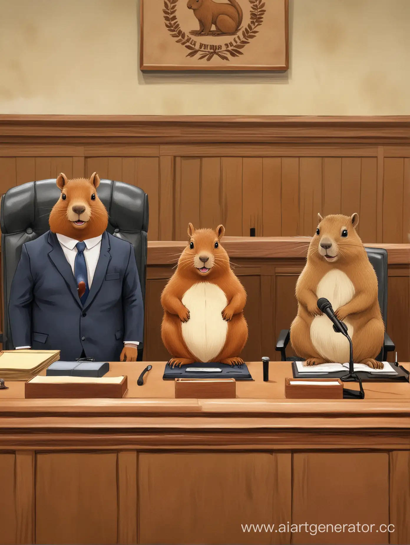 Толстая белка, бобриха, капибара сидят в зале судебного заседания за трибуной. на трибуне микрофон.