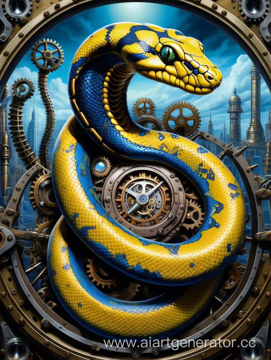 In a futuristic world, a captivating photorealism painting brings to life a mesmerizing steampunk-style illustration. The artwork depicts a majestic python snake, intricately adorned with gears and mechanical elements, set against a backdrop of vibrant blue and yellow tones. Every minute detail of the snake, from its scales to the intricate machinery, is meticulously captured, creating a highly detailed and realistic portrayal.
Immerse yourself in the enchanting world of a futuristic photorealism painting. This masterpiece showcases a stunning steampunk-style illustration featuring a mesmerizing python snake. The intricate gears and mechanical elements add a touch of industrial aesthetics to the artwork. The vibrant blue and yellow color scheme enhances the visual impact, creating a harmonious and eye-catching composition. The level of detail is extraordinary, with each scale and cog meticulously rendered, creating a realistic and immersive experience. This high-quality artwork is a testament to the artist's skill and creativity. High-definition image, vibrant colors, intricate details, realistic portrayal, captivating composition, mesmerizing snake, steampunk aesthetics, futuristic setting, blue and yellow color scheme, industrial elements, eye-catching, harmonious, immersive, highly detailed, skillful, creative.