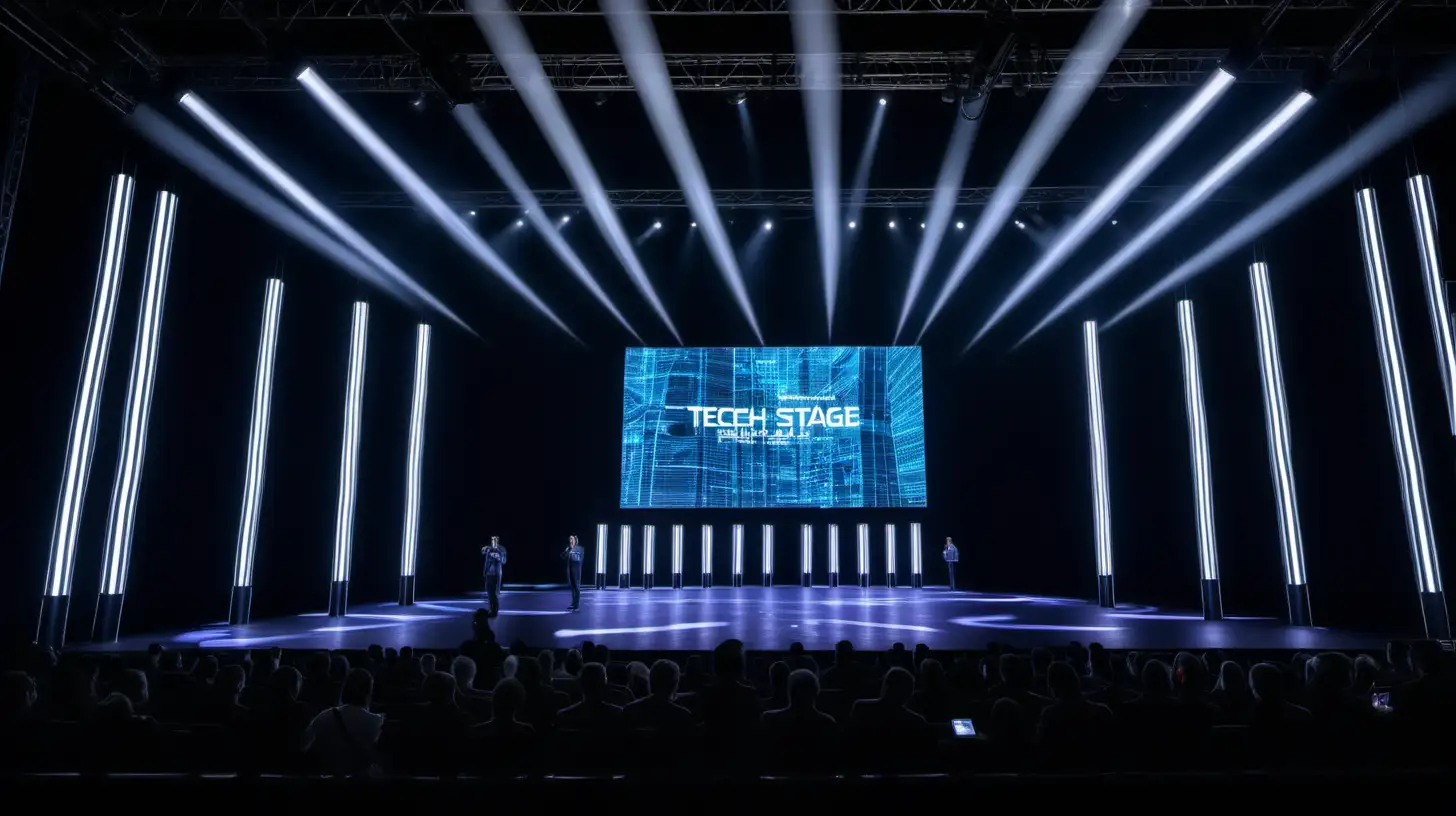 tech conference on black stage with vertical light tubes and large LED screen