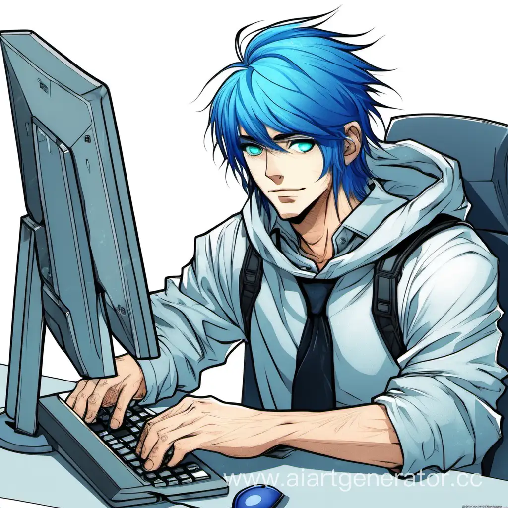 Bluehaired-Man-with-Blue-Eyes-Working-at-Computer