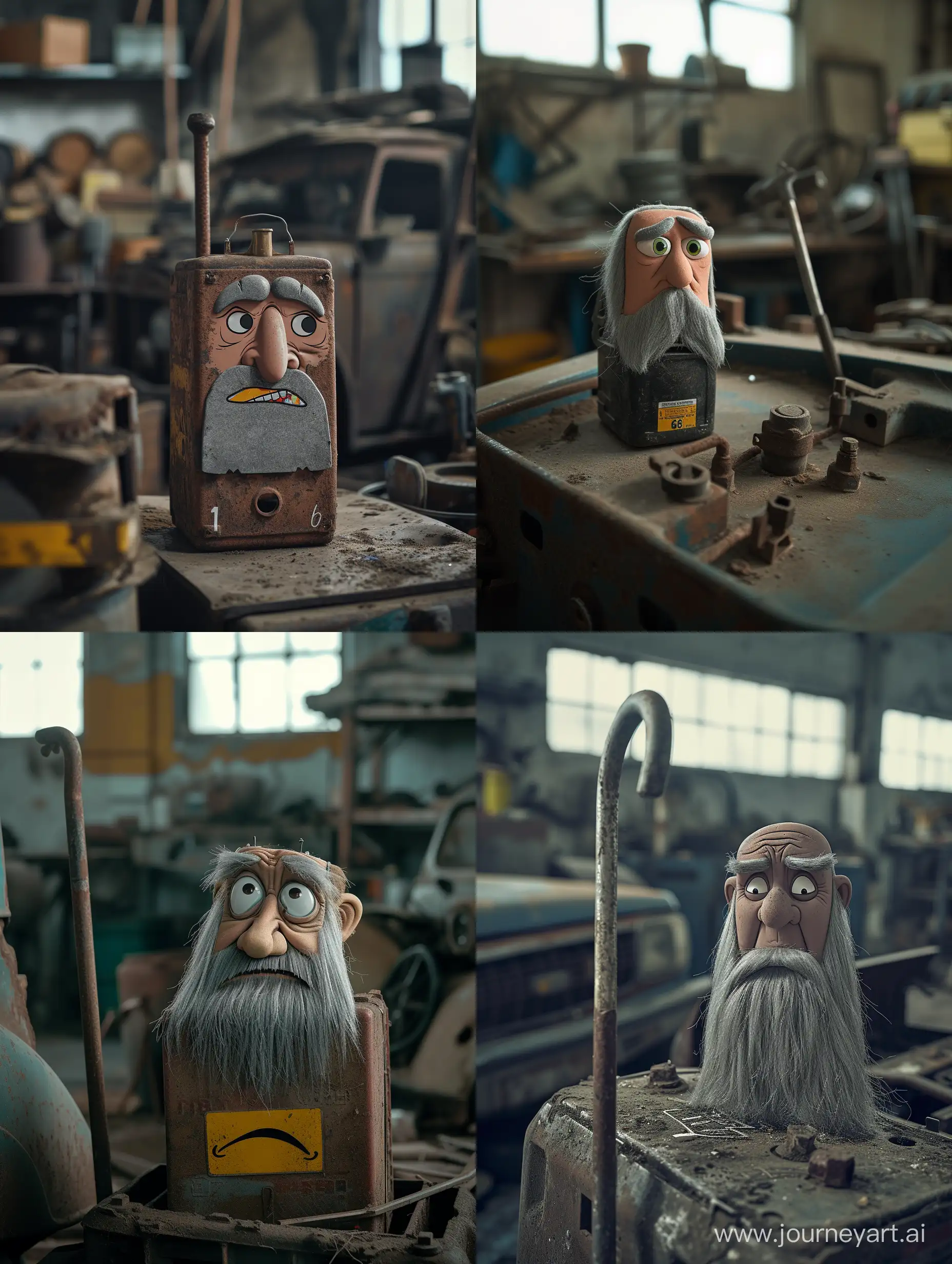 an old car battery with a cartoon face, have grey hair, grey long beard, grey eyebrows, holding a cane, sad face, in a really old and dirty car, in a really old workshop, shallow depth of field, sony alpha 1, V6.