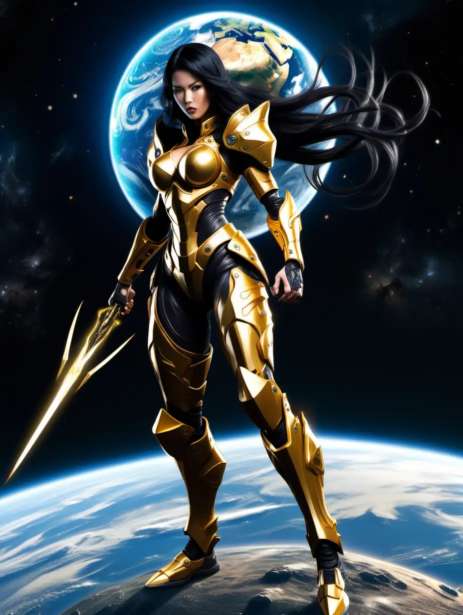 tall, fit, long flowing black hair, female warrior, full body, in fighting stance, with cybernetic golden armor, properly holding kunai weapon, in space floating in front of the earth, defender of the earth planet
