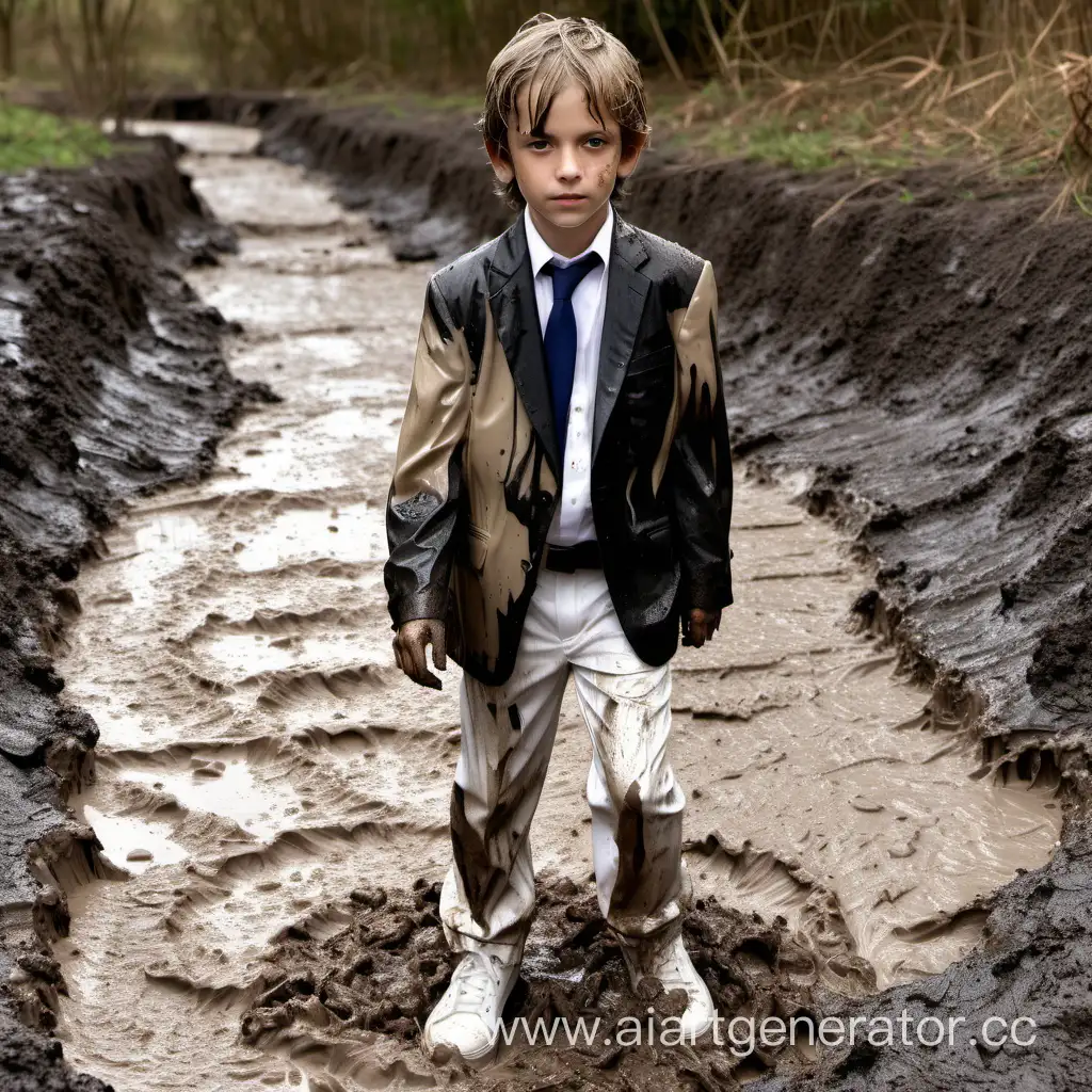 10 year old boy wet school shirt, suit jacket, white trousers, sneakers covered in mud
