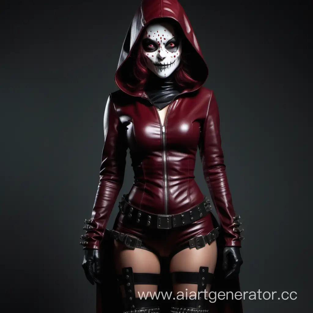 Mysterious-Hooded-Killer-Girl-in-Black-and-Burgundy-Leather-Suit