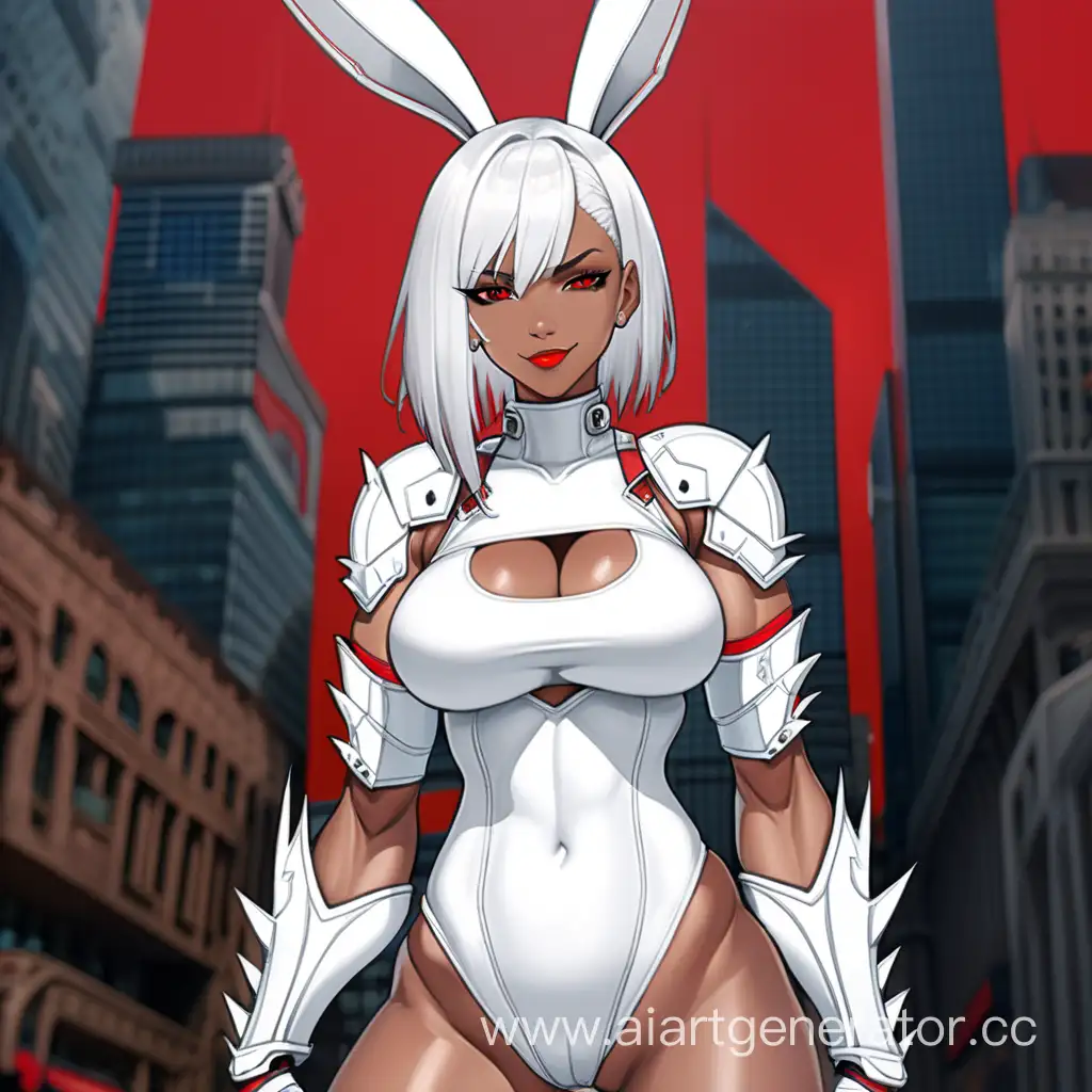 City, 1 Person, Women, Human, White hair, Long Rabit Ears, Short hair, Spiky style, Dark Brown Skin, White Full Body Suit, White Body Armor, Chocer, Scarlet Red Liptsick, Serious smile, Big Breasts, Scarlet Red eyes, Sharp Eyes, Hard Abs, Toned Abs, muscular arms, muscular legs, well-toned body, muscular body, 