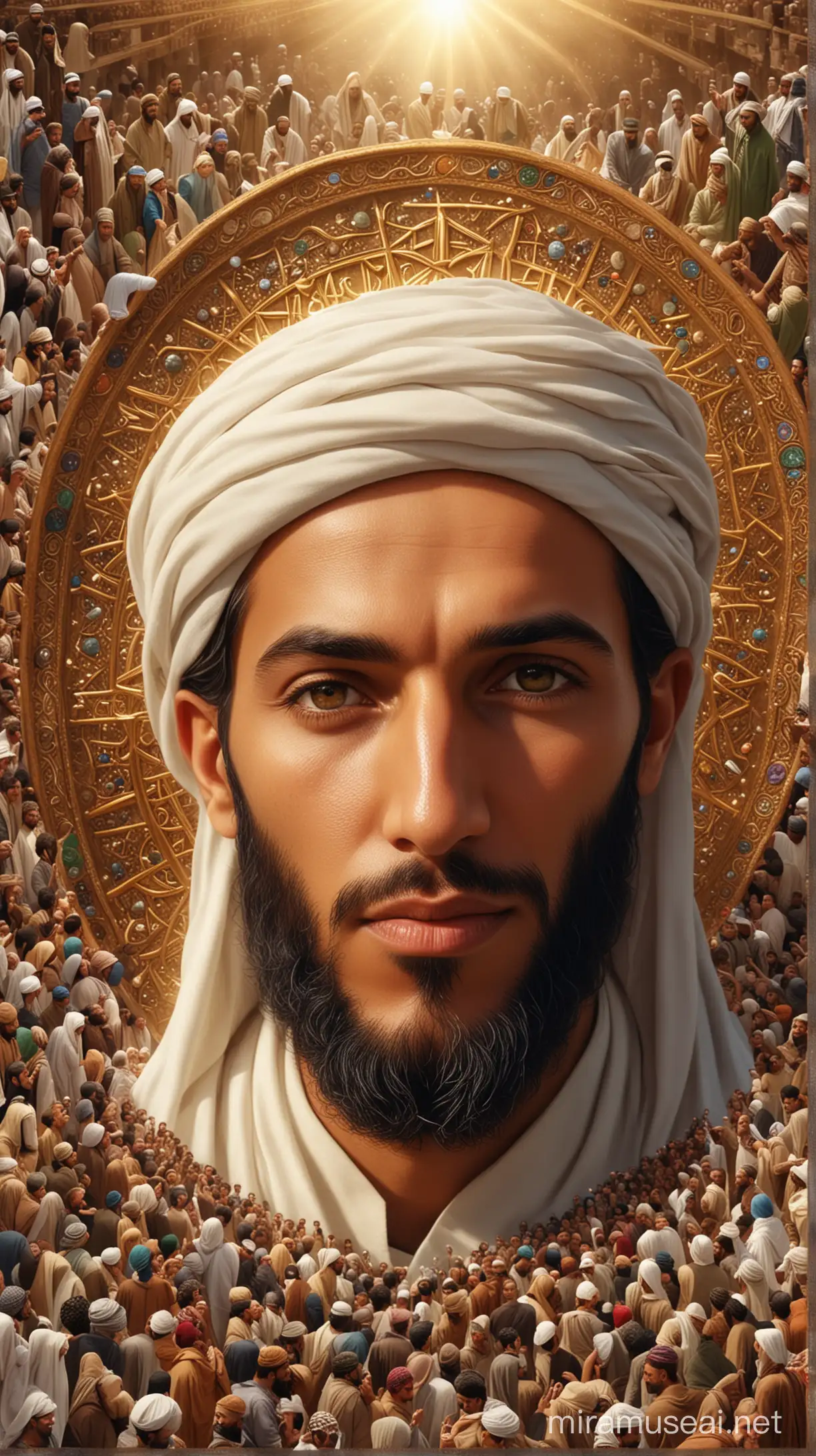A depiction of the Prophet Muhammad, his face radiant with compassion, surrounded by a diverse group of followers, symbolizing the universal message of peace and unity in Islam, 4K HD with islamic tradition