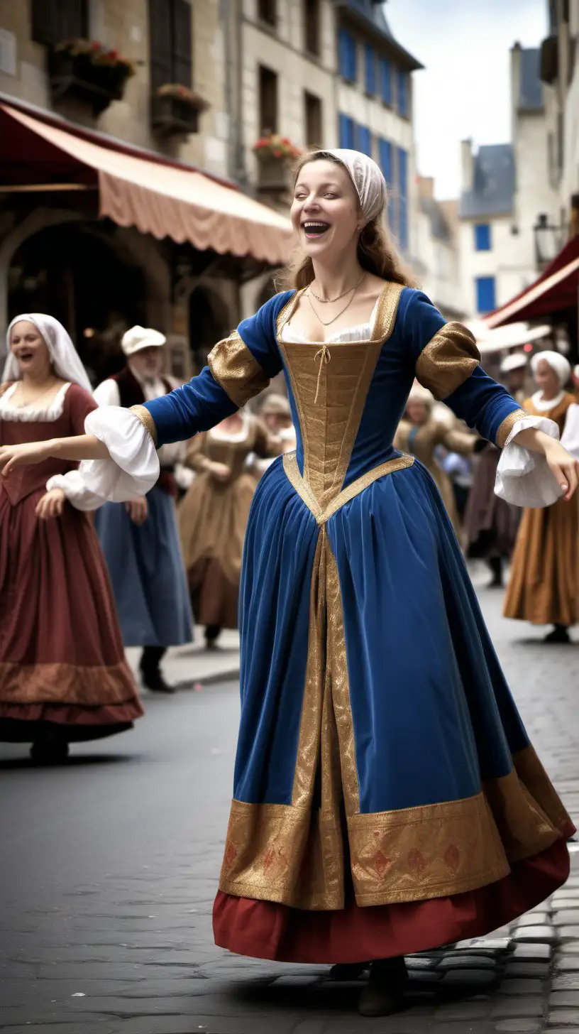French Woman dancing in the middle of the street, wearing royal clothes, passers by gawking at her, 15th century, french market setting 