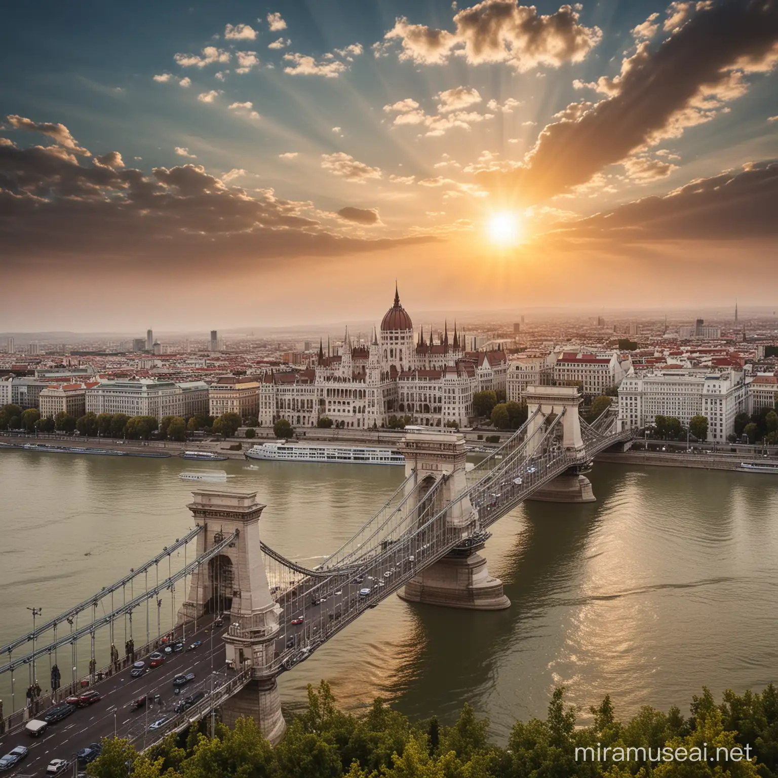 Budapest Chain Bridge and Parliament with Triple Suns