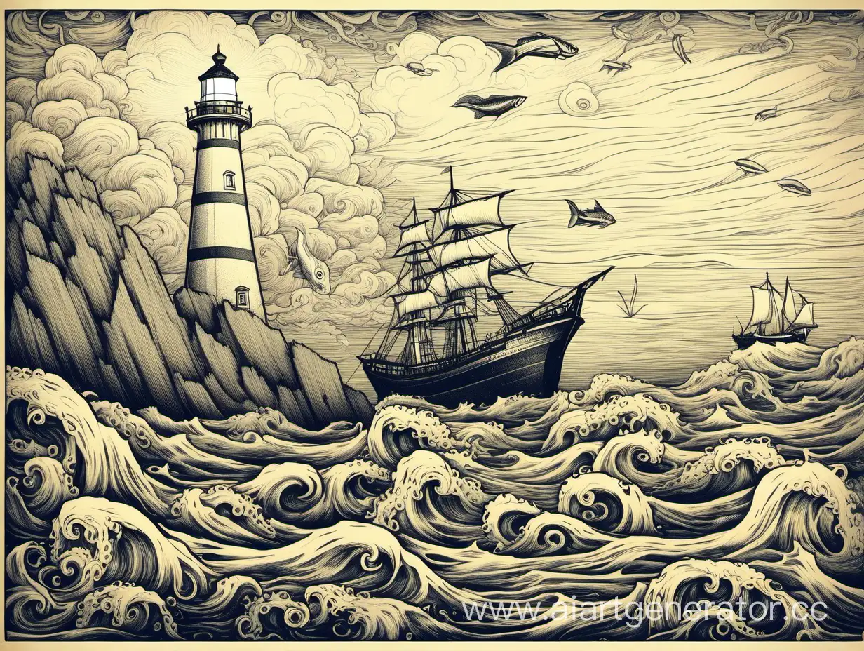 Majestic-Lighthouse-Overlooking-the-Seas-with-Ship-and-Squid