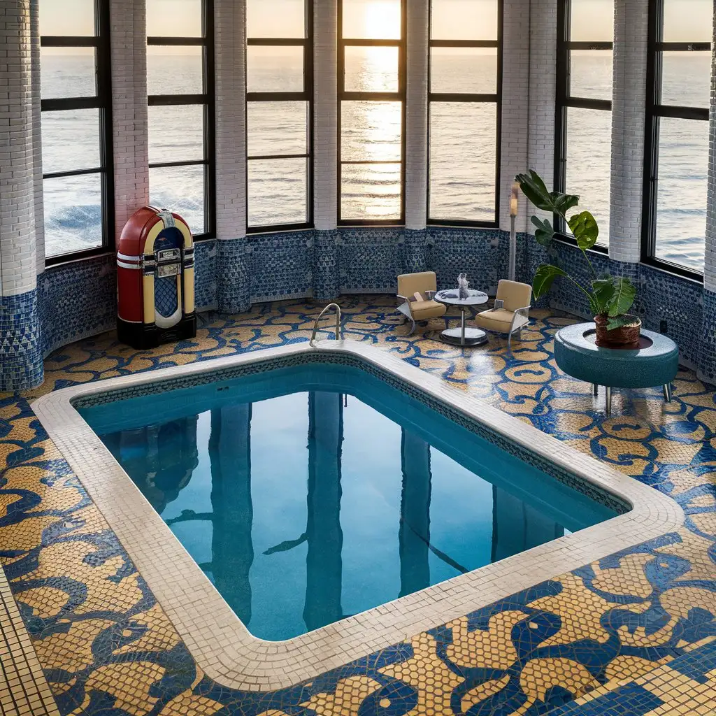An 10 meters indoor pool in 70s style, white brick and mosaic in shades of blue, jukebox and lounge group, high windows with sea view, detailed, no humans 