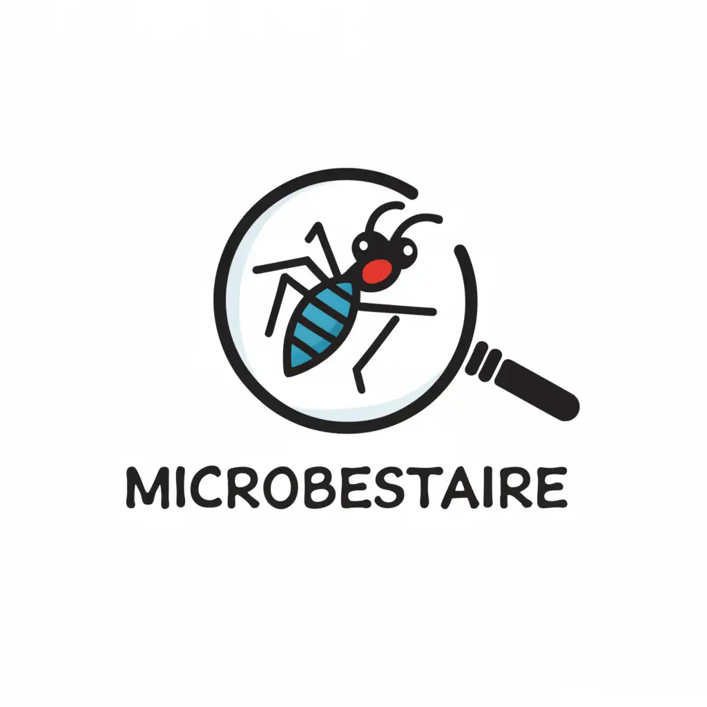 a logo design,with the text "MicroBestiaire", main symbol:an ant seen with a magnifying glass,Moderate,be used in Animals Pets industry,clear background