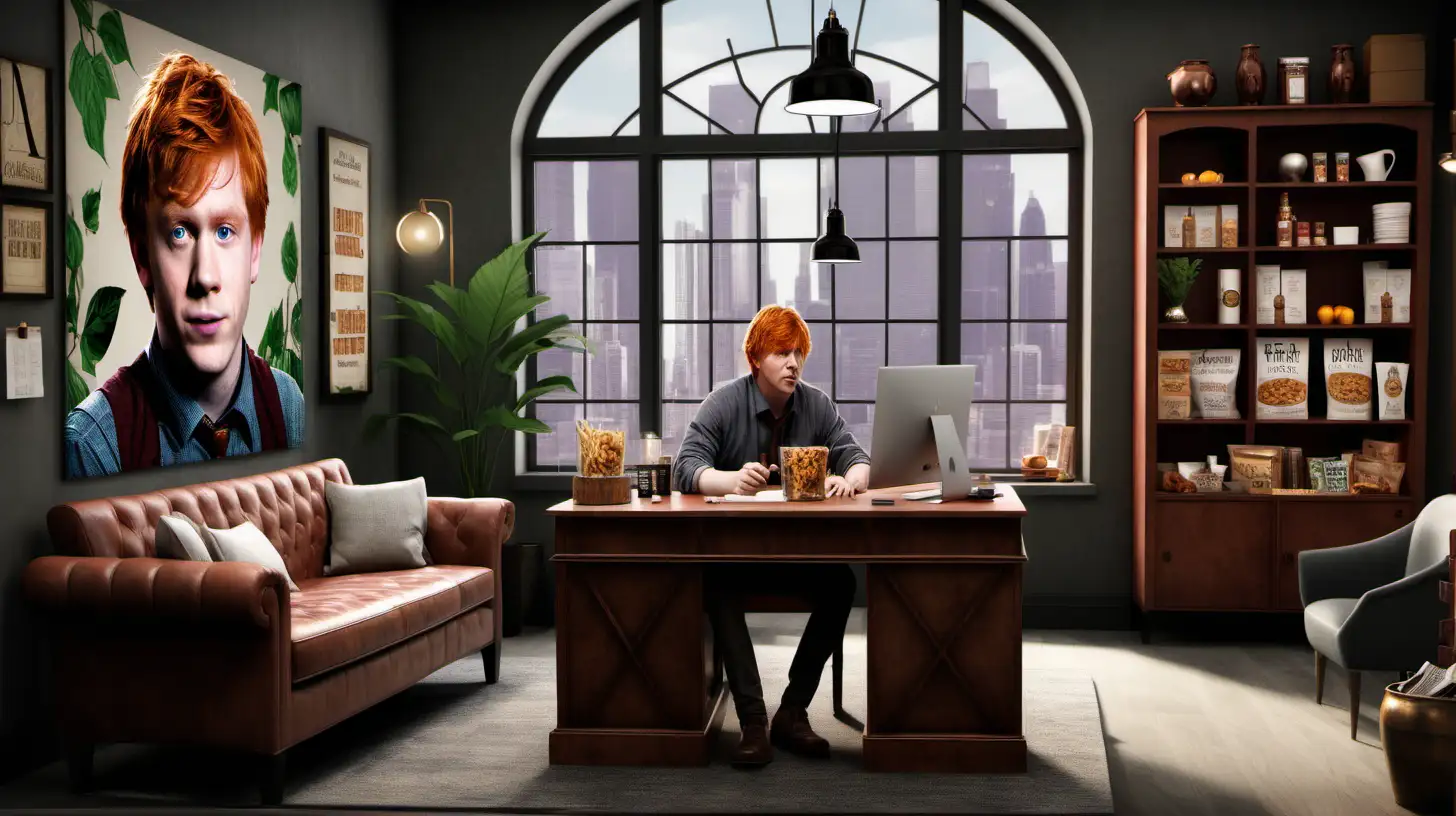 Ron Weasley in Trendy Startup Office Discussing Magical Snack Trends