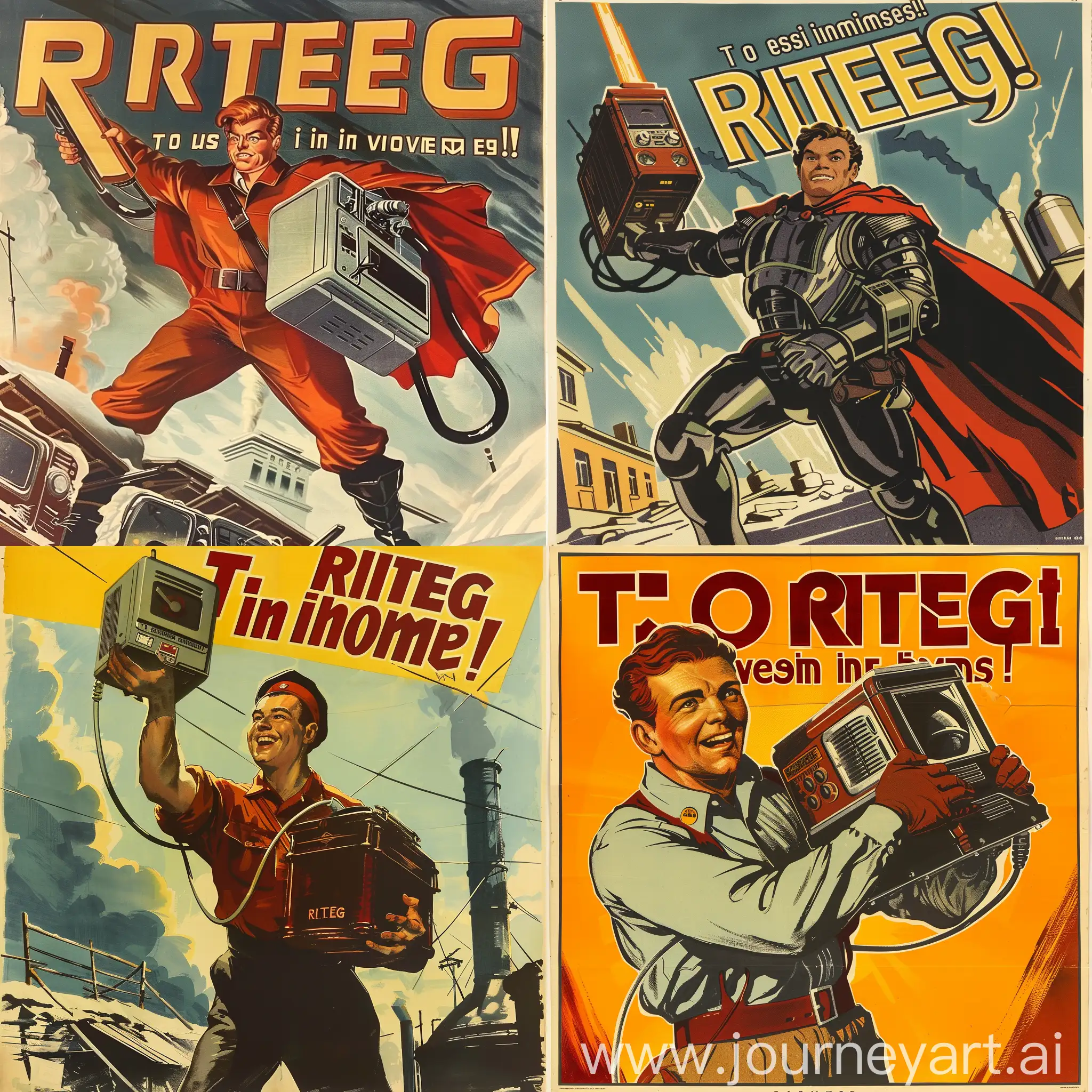 Create an authentic Soviet poster with the propagandist slogan "To RITEG in every home!" This poster should inspire people to use electrical appliances in everyday life and emphasize the importance of energy conservation. Visually, the poster should reflect the style of Soviet propaganda: the use of bright colors, heroic images, large letters with a slogan reminding of ideology and goals.