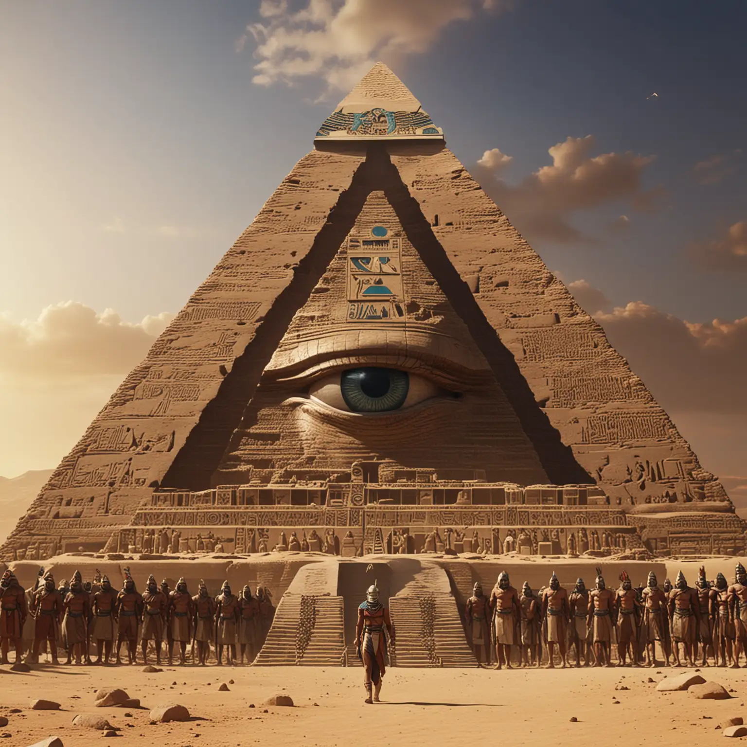 (beneath the pharaonic warriors: 1.3), a group of pharaonic warriors and the beautiful all-seeing eye in a pyramid, full shot, super realistic, extremely hyper detailed, cinematic 8k.
