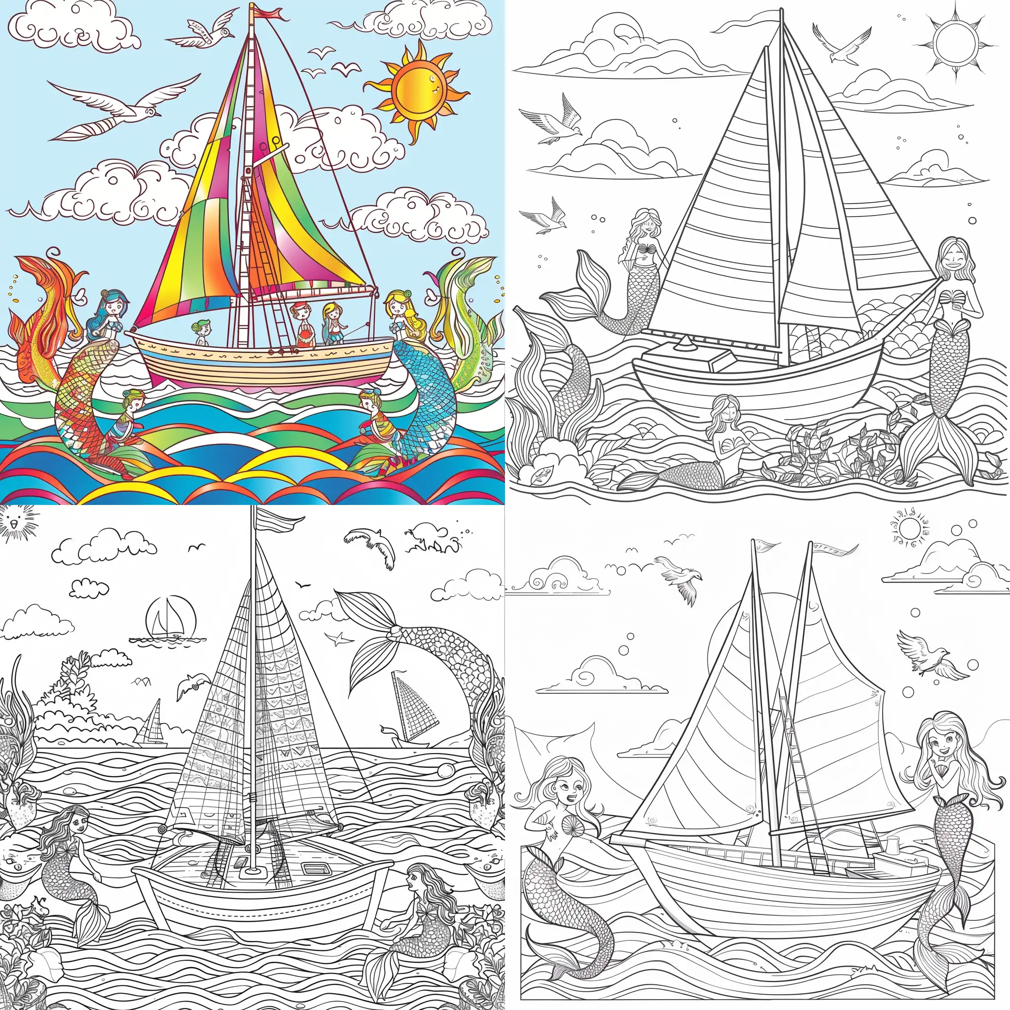 Dibuja para libro de colorear infantil Un barco de velas en el mar rodeado de sirenas, con un estilo infantil hermoso y sin escalas de grises para facilitar la coloración. Detalle del dibujo: El barco de velas debe estar ubicado en el centro del lienzo, con velas grandes y vistosas. El mar debe ser representado con ondas suaves Las sirenas deben estar nadando alrededor del barco, con colas largas y hermosas. Pueden tener cabello largo y ondeante, y expresiones amigables en sus rostros. El cielo puede estar despejado o con algunas nubes esponjosas. Un sol en el horizonte y gaviotas volando. El estilo del dibujo debe ser simple y amigable, con líneas suaves y contornos definidos para que sea fácil de colorear para un público infantil.