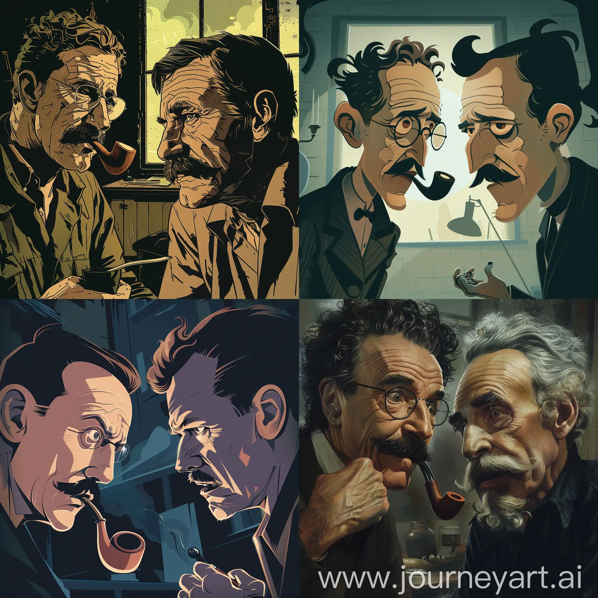 "Generate an image portraying an animated discussion between Jean-Paul Sartre and Friedrich Nietzsche. Highlight Sartre's characteristic pipe and pensive expression, ensuring his distinct features are prominent. Simultaneously, emphasize Nietzsche's intense gaze and unmistakable mustache. Place them in a setting that echoes their respective philosophical ideas, perhaps with subtle visual cues representing existentialism and eternal recurrence. Clarify the distinction between the two figures to create a compelling and accurate depiction of these iconic philosophers in conversation."