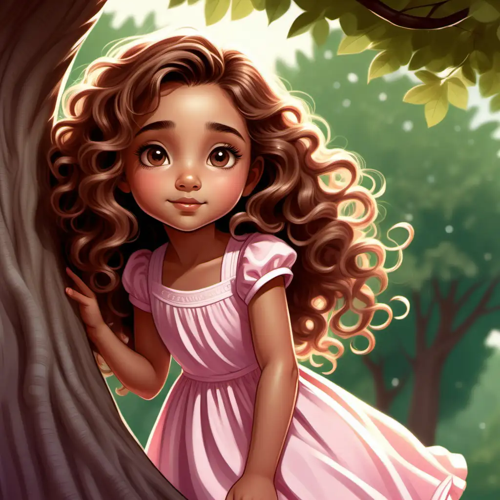 Flat art, children's book, cute, 7 year old girl, tan skin, light hazel eyes, big long tight curl brown hair, beautiful, thinking , pensive, looking down , charming light-hearted style, pink and white dress, 7 year old cartoon style girl, tree