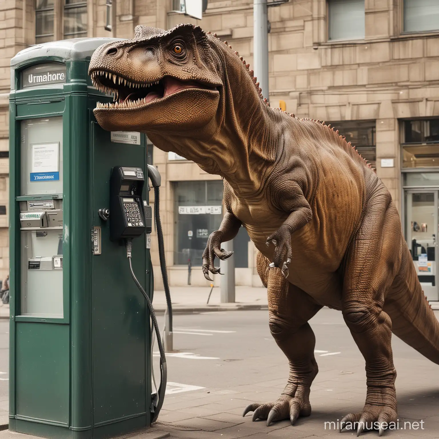Tyrannosaurus Rex Making a Call at Public Phone Booth
