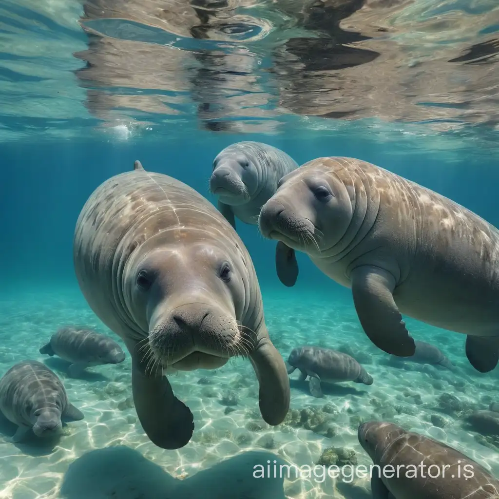 Manatees swimming in crystal clear blue water on a sunny day