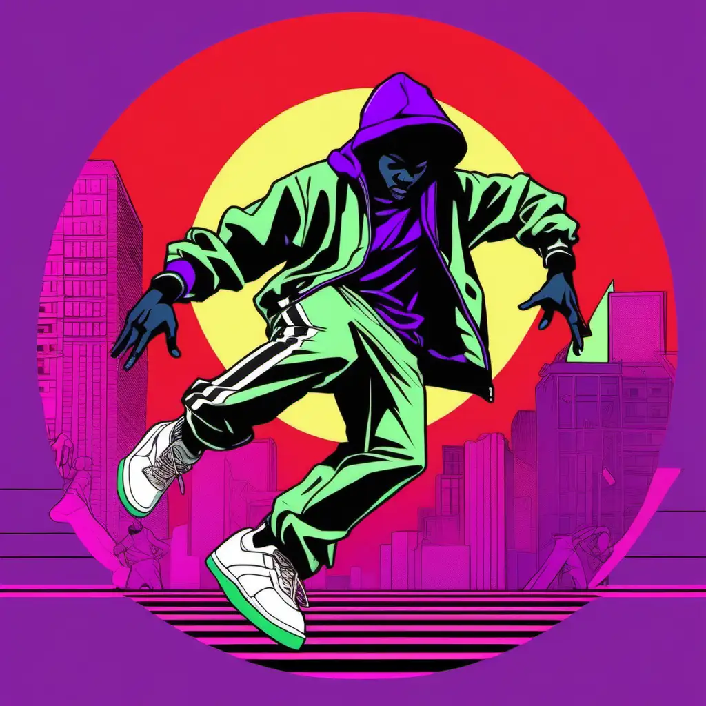 break dancing in the style of light green and purple, hip hop aesthetics, bold, graphic shapes, sun-soaked colours, neo-geo, light black and red 