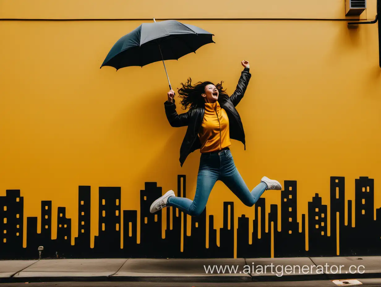 Unsplash Photography of colorful street murals, a woman jumping in the air with an umbrella, minimalist backgrounds,  yellow and black, uhd image --ar 16:9