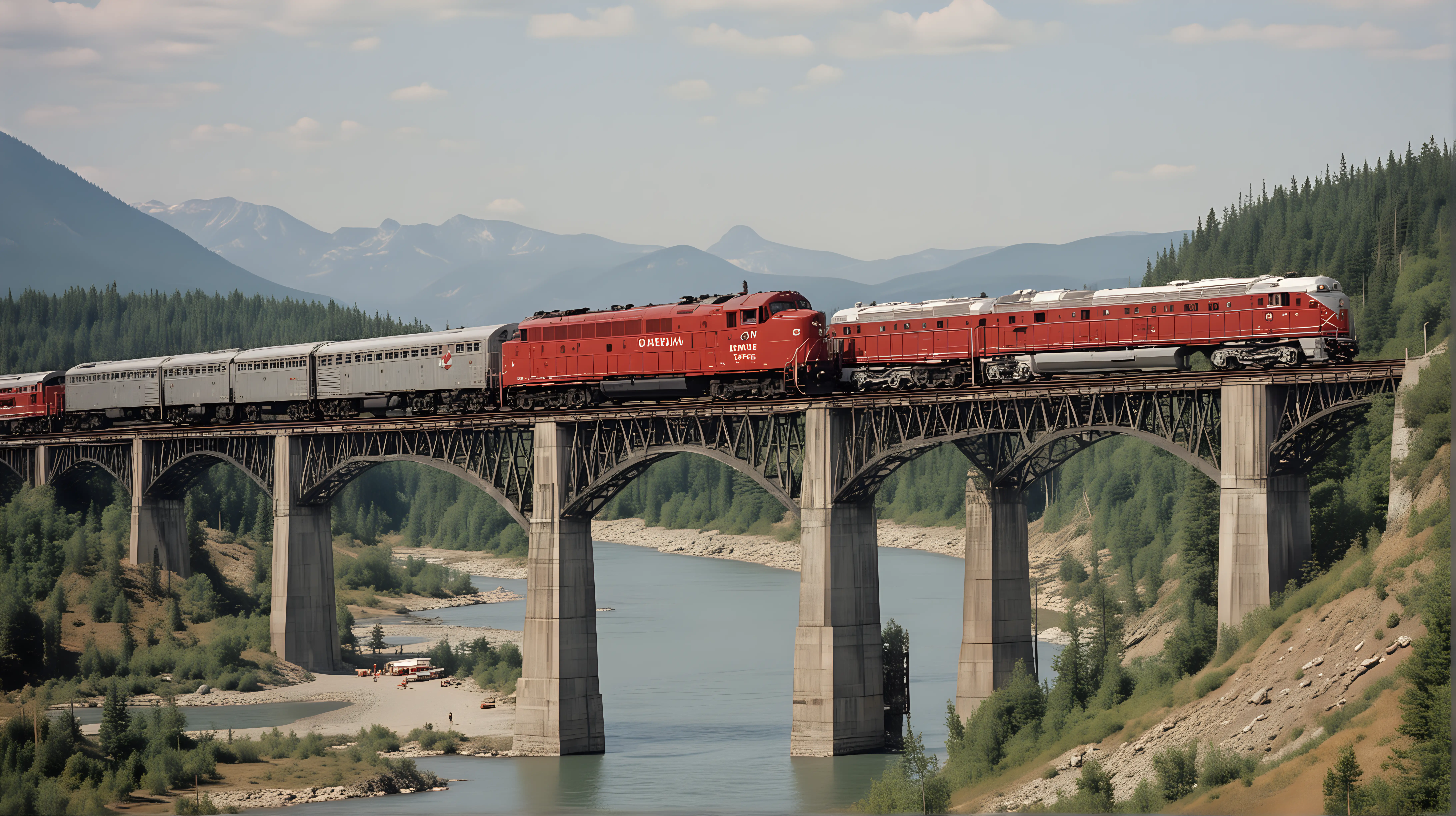 Canadian Pacific Passenger Train Crossing Bridge with Aluminum Cars 1950s Style