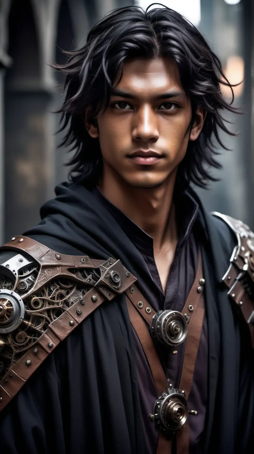 A young man with tan skin, tousled black shoulder-length hair and brown eyes. spellsword robes, aetherpunk mechanical hand.