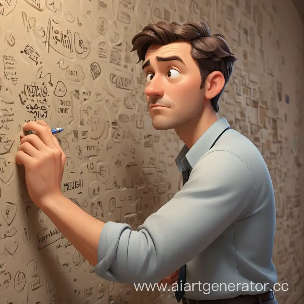 мультяшный мужчина пишет на стене 3д