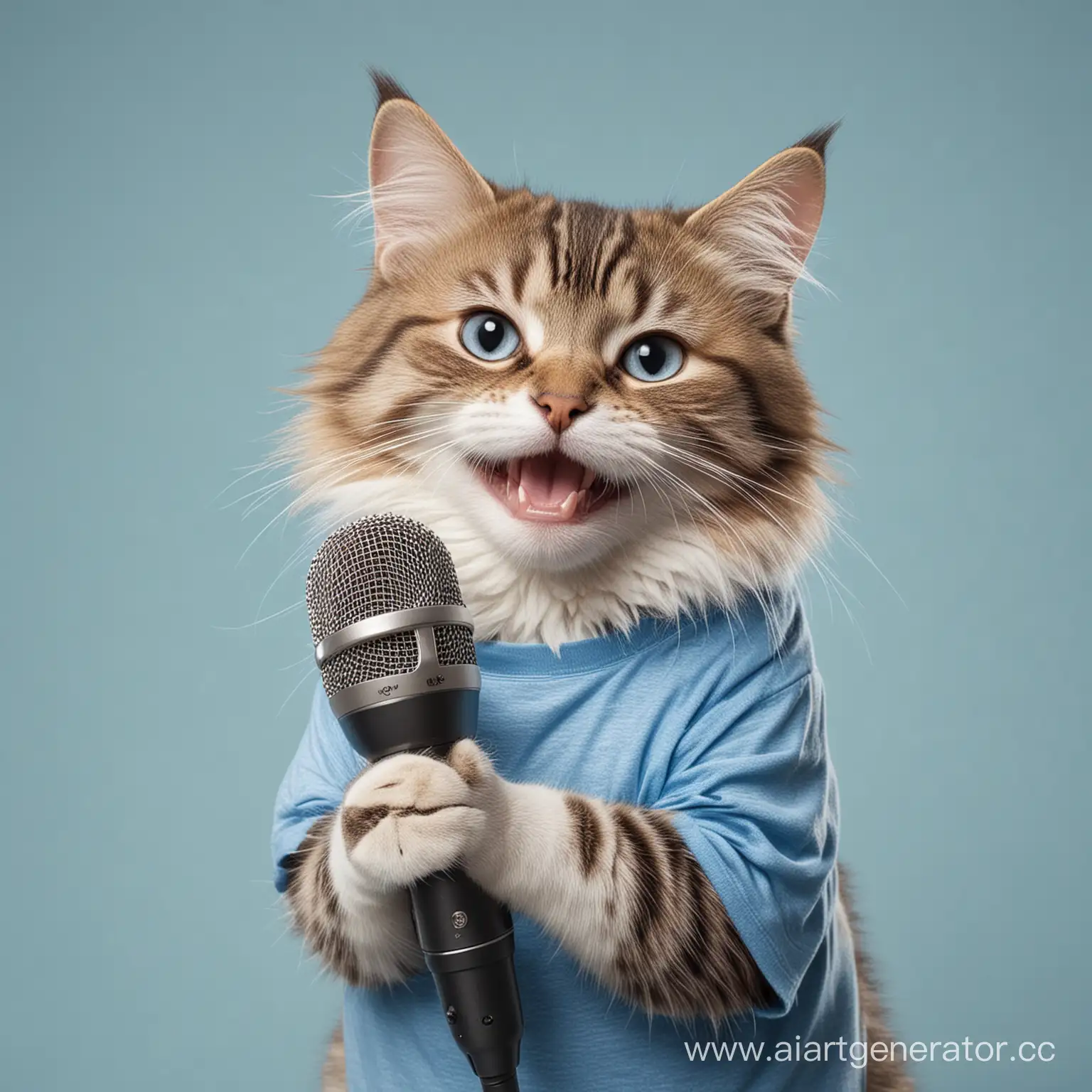 Smiling-Cat-in-Blue-TShirt-Holding-a-Microphone