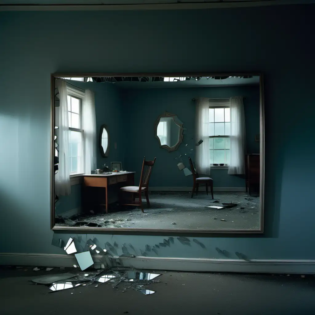 Ein zerbrochener Spiegel der das Fragmentieren der Identität im zoom durch Manipulation symbolisiert im  GREGORY CREWDSON STIL
