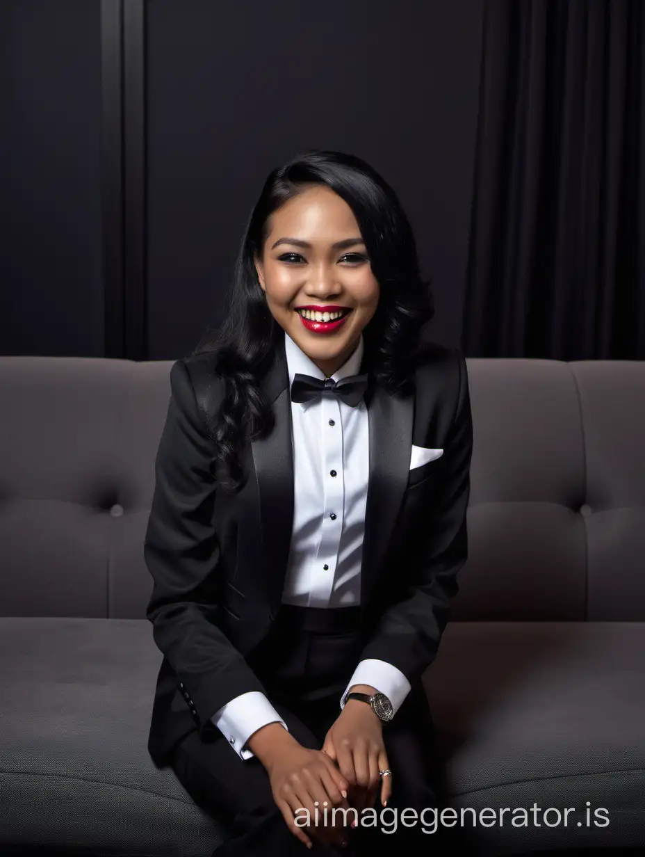 In a dark room, a smiling and laughing Indonesian woman with dark skin, long black hair, and lipstick is sitting on a couch.  She is wearing a tuxedo with a black jacket and black pants.  Her shirt is white with black cufflinks.  Her bowtie is black. Her jacket is open.  Her heels are shiny and black.