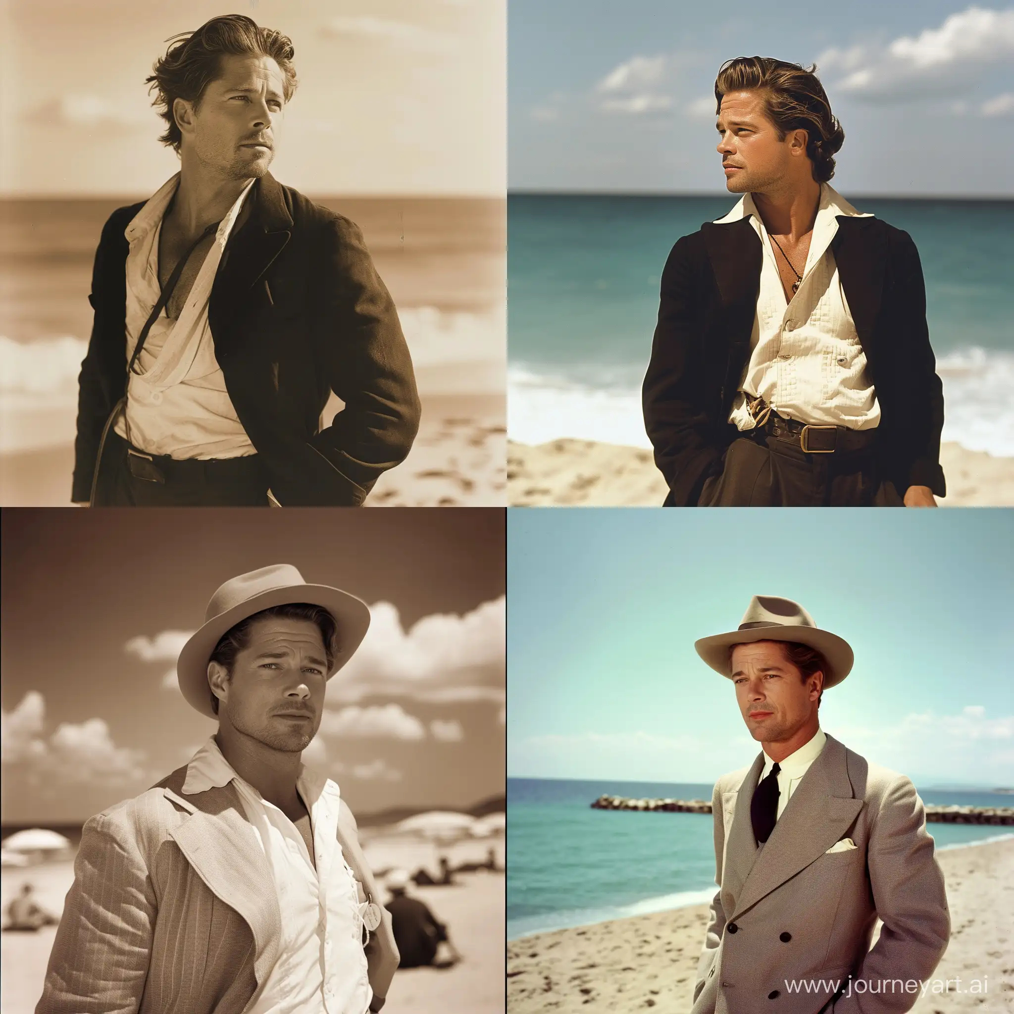 brad pit in 1940s french attire, on beach, old picture quality